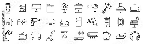 Home appliance electronics kitchen device household technology line vector icons