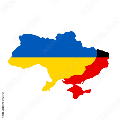 Vector map of Ukraine and territories occupied by Russia. State flag. Flat vector illustration.