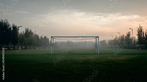 Early morning tranquility captured on a soccer field with goals shrouded in gentle mist and diffused light