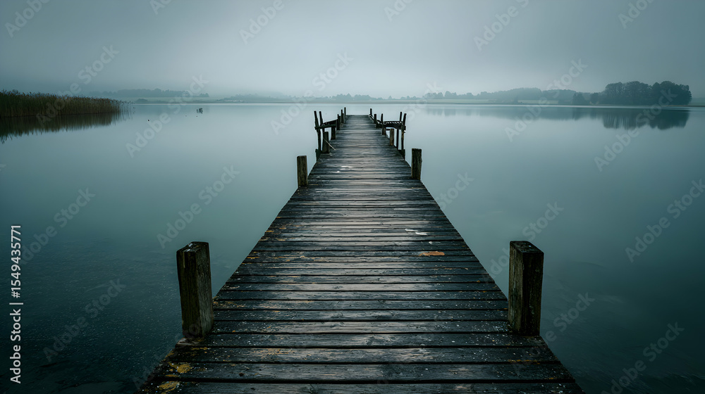 Fototapeta premium Misty morning solitude wooden pier stretches into the calm lake water with serene landscape background