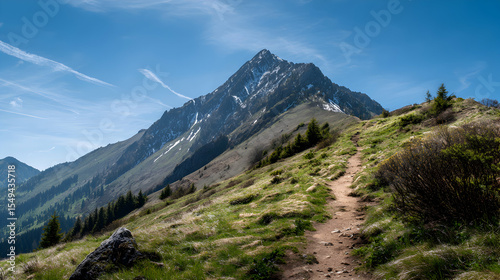 Picturesque mountain peak surrounded by lush greenery under a clear blue sky on a sunny day