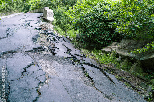 Cracked asphalt road surrounded by lush green vegetation, showcasing the effects of natural disasters and environmental changes on infrastructure and landscape