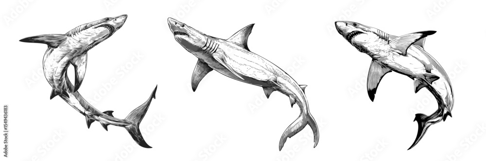 Obraz premium Shark vector sketch illustration in white with great fin detail and vintage tattoo style. Sea art and anatomy line drawing of retro fish animal in engraved black ink.