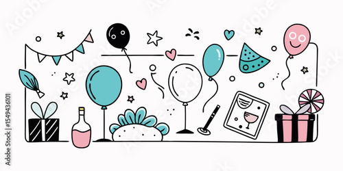 Hand drawn party supplies and decorations illustration