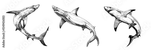 Shark vector sketch illustration in white with great fin detail and vintage tattoo style. Sea art and anatomy line drawing of retro fish animal in engraved black ink.