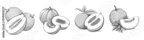 Hand drawn melon illustration set featuring four detailed sketches of cantaloupe and honeydew melons in black and white. Vintage botanical artwork showcasing realistic textures