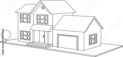 3D suburban house model. Drawing of the modern building. Cottage project on white background. Vector illustration.