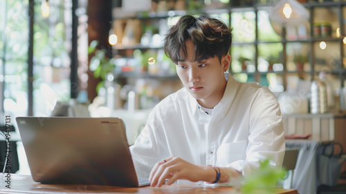 Young handsome Korean man working on laptop in cafe. Work in a cafe, freelance, free business, young businessman