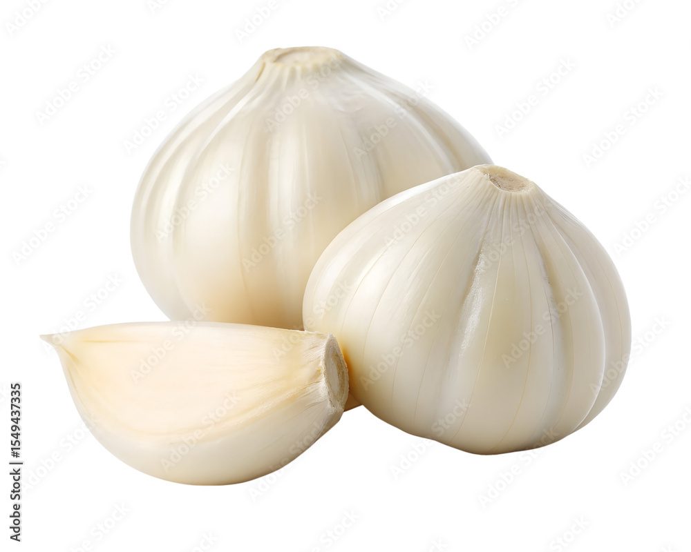 Obraz premium Garlic heads stacked isolated on transparent background