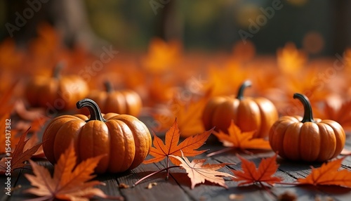 Small orange pumpkins scattered among vibrant autumn leaves on a wooden surface. The scene captures the essence of fall and harvest season.