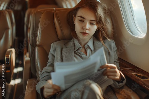 Work on an airplane, a beautiful woman a businessman works on documents, on a business trip. Business. Business trip