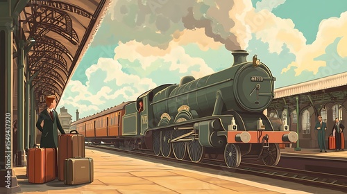 Vintage steam train arriving at a station with passengers waiting on platform