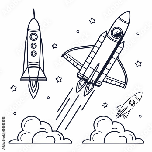 Hand drawn rocket ship and space shuttle launch illustration in outline