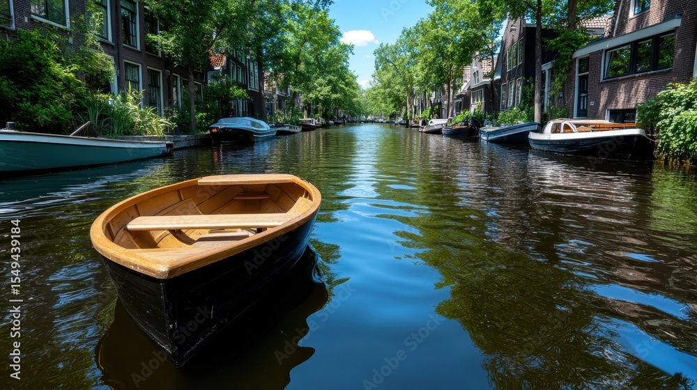 An inviting view of a tranquil canal lined with boats and lush greenery, showcasing the harmonious blend of urban living and nature in a serene water setting. An inviting view of a tranquil canal lined with boats and lush greenery, showcasing the harmonious blend of urban living and nature in a serene water setting.