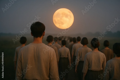 A tranquil twilight procession of people in beige shirts walks toward a luminous full moon over an open field