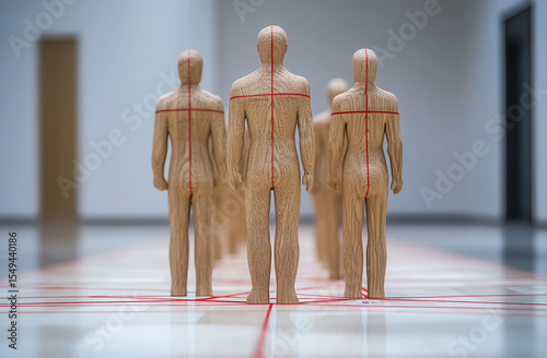 A row of stylized human figures, connected by lines, arranged in a modern gallery space