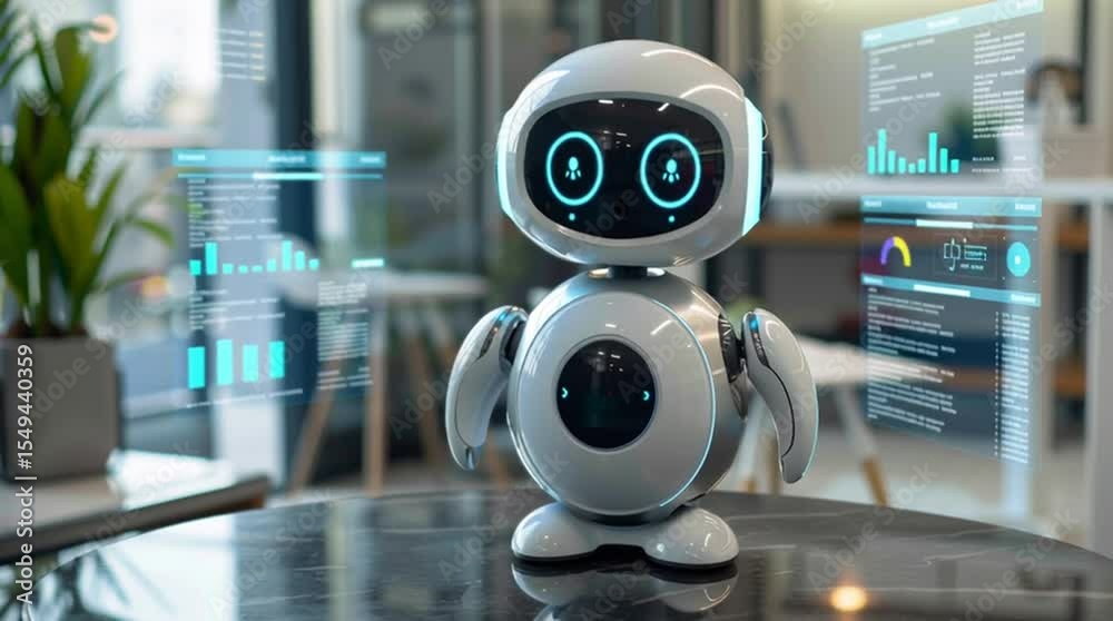 Futuristic Robot with Information Overlay: A sleek, modern robot stands in a futuristic setting, with holographic data displays and artificial intelligence interface.
