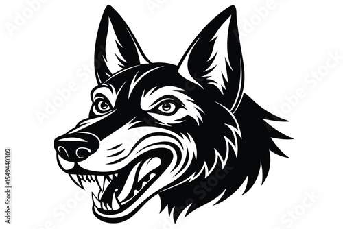 Intricate black and white shows canine head growling with sharp teeth and menacing eyes