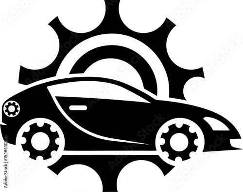 A professional black and white logo illustration featuring a sleek car silhouette combined with a gear symbol, perfect for auto repair shops, mechanics, car service centers, or automotive industry.