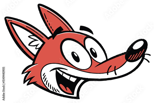 Joyful fox head displays wide grin with cartoon style eyes and pointy ears