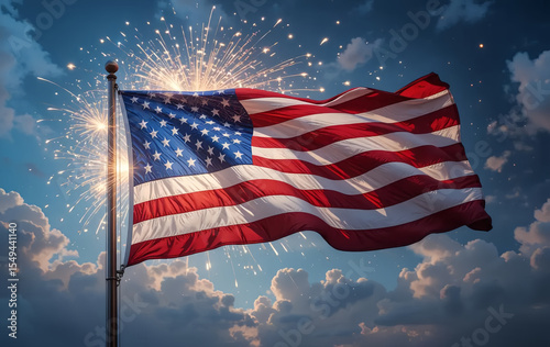 Independence Day Fireworks Behind the United States Flag