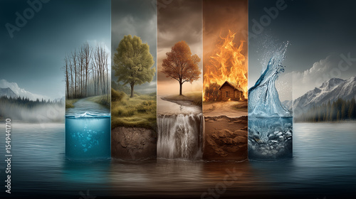 Symbolic representation of the four natural elements—water, earth, fire, and air—portrayed in a creative and visually stunning scene, emphasizing the interconnected nature of these essential component