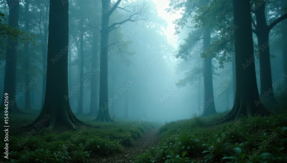Obraz premium Dense fog blankets a primeval forest, creating an otherworldly scene , foggy, shadows, spooky