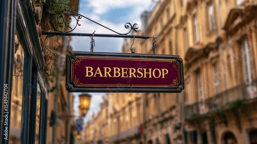 Classic barbershop sign hanging outside on a busy city street with historic buildings