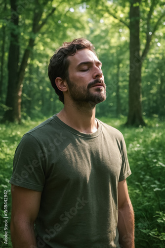 Young man with eyes closed meditating in forest during soft morning light. generative AI