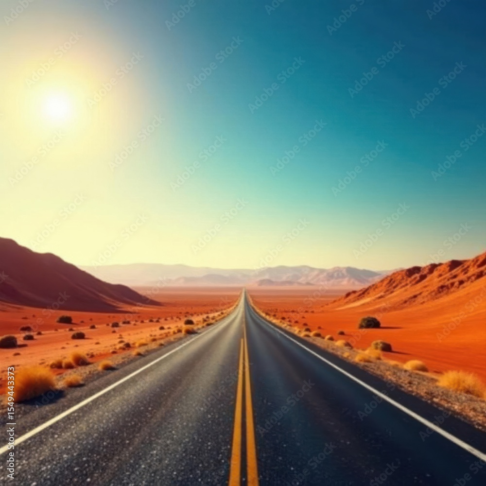 Fototapeta premium Endless desert highway, sun-baked earth, distant horizon, horizon, path, straight