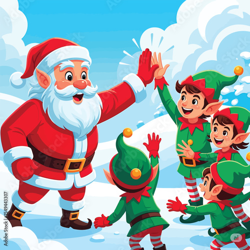 Cartoon Santa Claus High-Fiving Elves Clipart