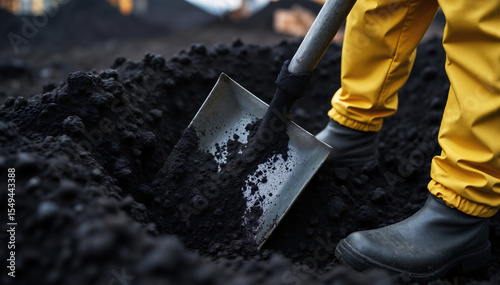 A man in yellow pants and black boots is raking dark soil.