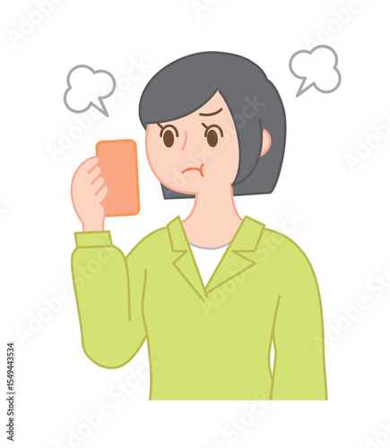 スマートフォンを見て不機嫌になる女性のイラスト/Woman Looking Unhappy at Her Smartphone