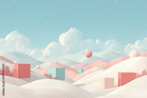 Abstract pastel landscape with geometric shapes on soft hills under blue sky, surreal minimal 3D illustration