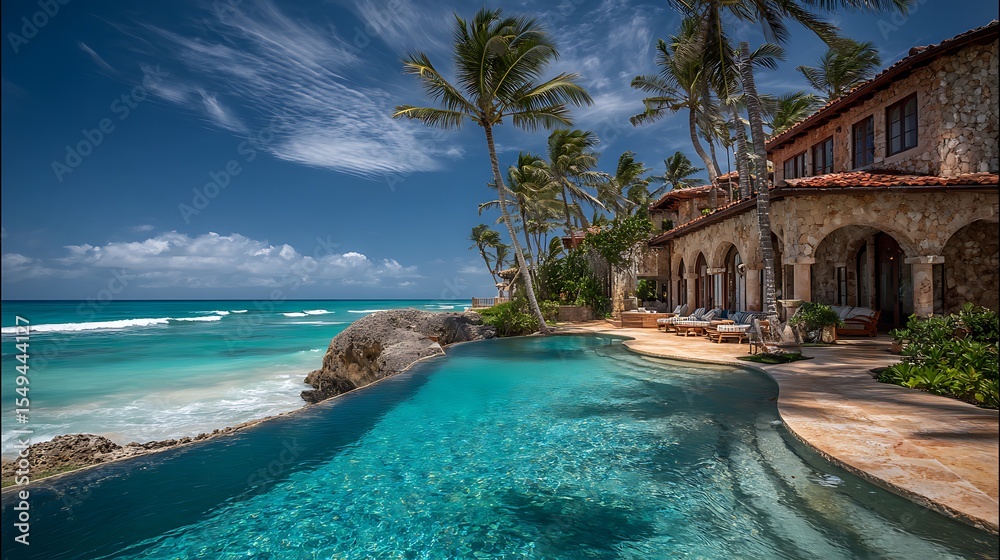 Fototapeta premium Luxurious beachfront mansion, infinity pool, tropical paradise, palm trees, crystal clear water, blue sky with wispy clouds, architectural elegance, oceanfront property, high-end .