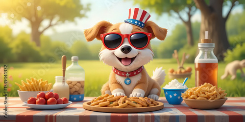 Cute Dog in Uncle Sam Hat and Sunglasses at a Holiday BBQ