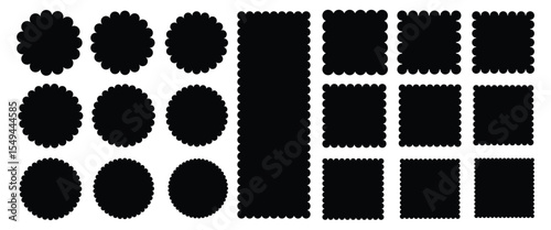 Zigzag edges set. Torn paper, jagged rectangular and circle shape box element set with zigzag edges. Silhouette stickers circle, square, rectangle labels.