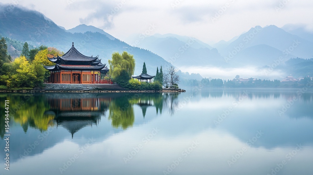 Fototapeta premium Serene Mountain Reflections on Tranquil Lake