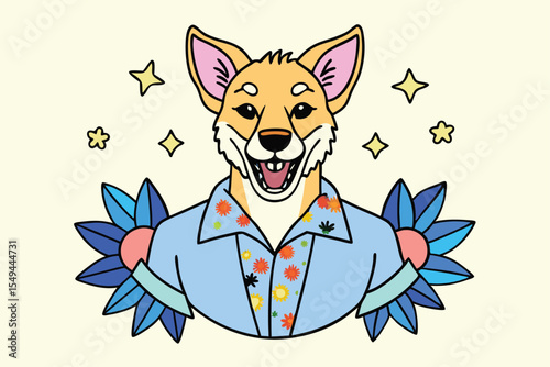 Shiba Inu smiles, wearing a floral shirt, and is surrounded by blue flowers and stars