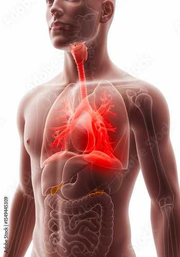 Human lungs anatomy showing asthma inflammation and bronchial constriction in 3D render
