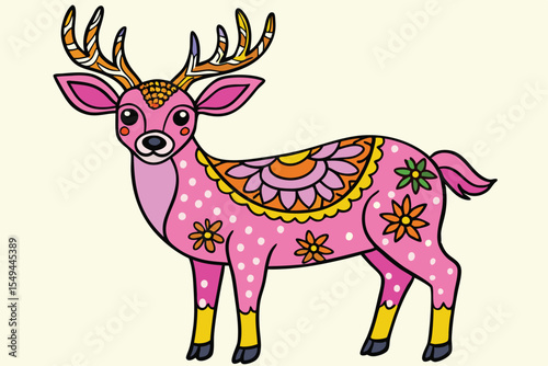 Whimsical pink deer with orange floral accents is depicted on a cream background