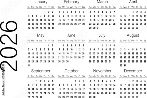 Minimalist black and white 2026 yearly calendar with clean design