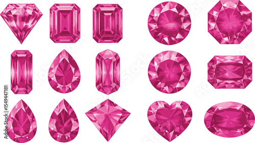 Shimmering Pink Gemstones: A Collection of Sparkling Diamond Shapes for Jewelry Design flat vector illustration