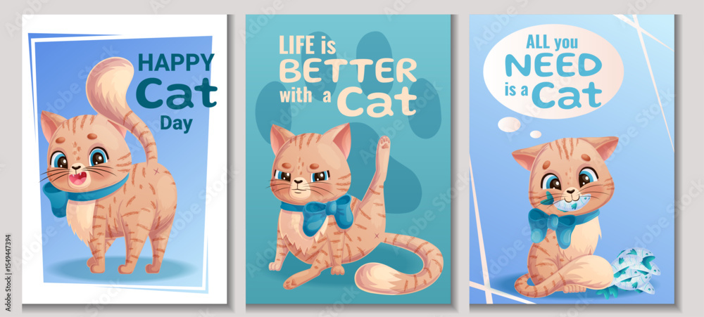Fototapeta premium A set of postcards for the International Cat Day on August 8th. Cute angry cat washes, caught a fish. A charming animal with a bow around its neck. Isolated vector illustration for posters, banners
