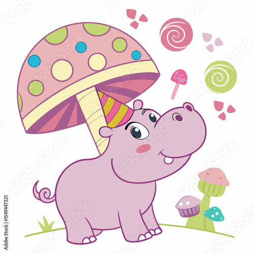 Cute SVG of a Cheerful Hippo in Candy Shop colors, featuring under a mushroom in a Birthday setting