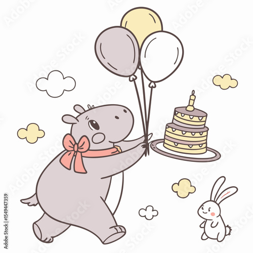 Cute SVG of a Amused Hippo in Soft Pastel colors, featuring balancing a stack of pancakes in a Soft pastel setting