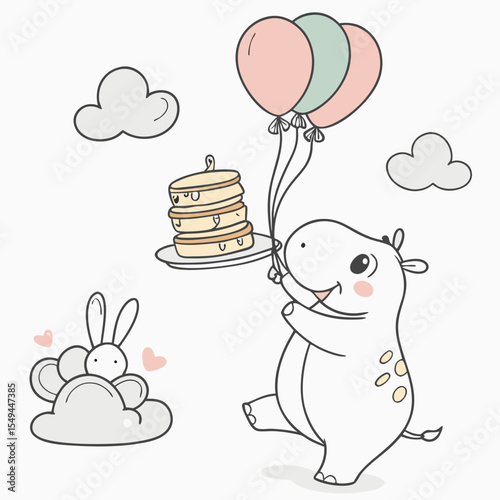 Cute SVG of a Amused Hippo in Soft Pastel colors, featuring balancing a stack of pancakes in a Soft pastel setting