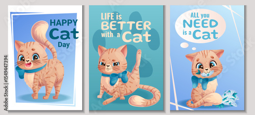 A set of postcards for the International Cat Day on August 8th. Cute angry cat washes, caught a fish. A charming animal with a bow around its neck. Isolated vector illustration for posters, banners