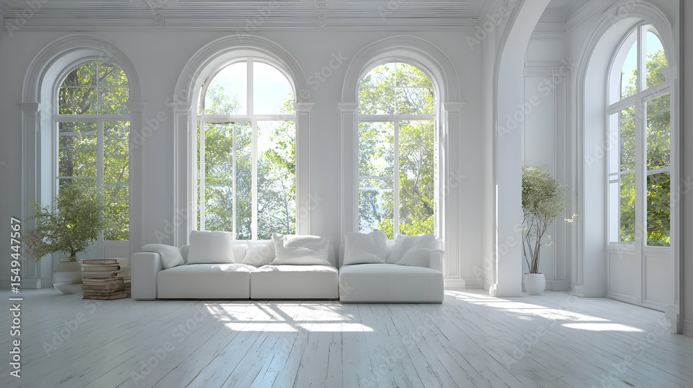Fototapeta premium Bright and airy living space bathed in natural light showcasing minimalist white decor and elegant windows