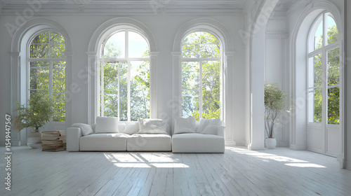 Bright and airy living space bathed in natural light showcasing minimalist white decor and elegant windows